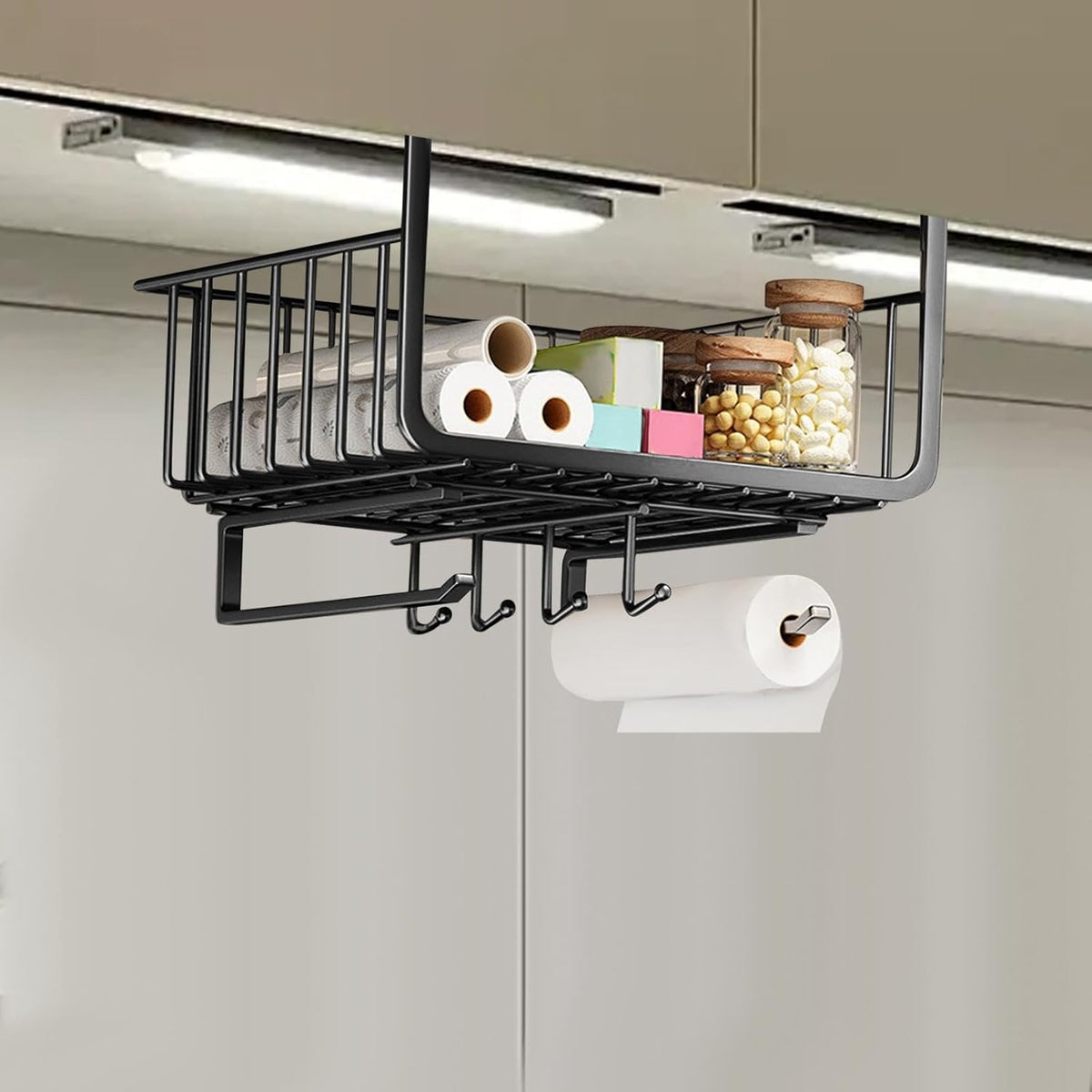 Extra-large Metal Hanging Basket Under-Cabinet Wire Basket Small Item Organiser for Home Use Under Desk Shelf for Kitchen Pantry Bookshelf with Dual Mounted Hooks