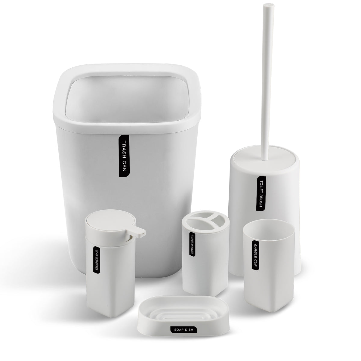 6 Pieces Bathroom Accessories- Bathroom Bin And Toilet Brush Set- Durable Toothbrush Holder Cup- Soap Dispenser With Pump- Soap Dish Holder- Modern Trash Can