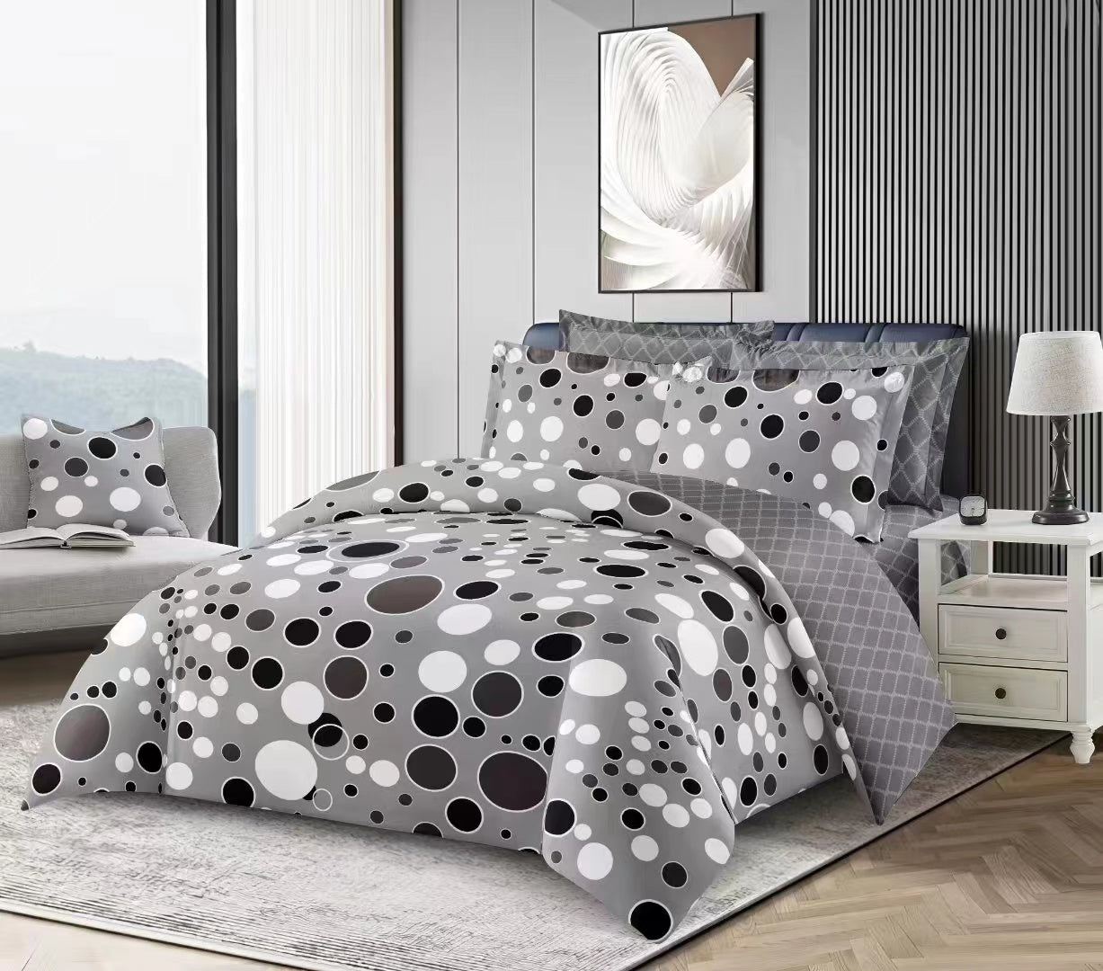 4 Piece (King)  Bedding Set 3D Design Duvet Cover Set Microfibre Printed Bedding Set with Pillow Cases and Extra Fitted Sheet Hypoallergenic