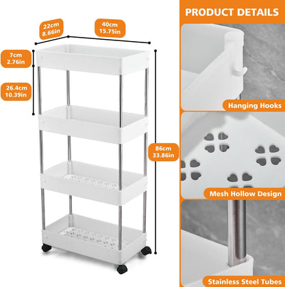 Bath Rack ,Kitchen Trolley on Wheels 4-Tier, Narrow Utility Kitchen Cart Vegetable Rack Bathroom Trolley, Space-Saving Storage Trolley on Wheels for Office, Kitchen, Bathroom, 40 x 22 x 86 cm, White