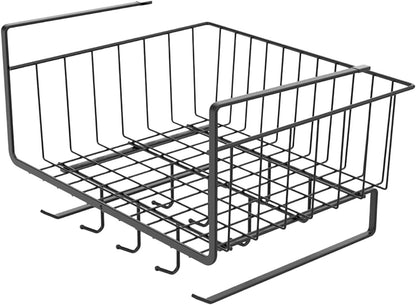 Extra-large Metal Hanging Basket Under-Cabinet Wire Basket Small Item Organiser for Home Use Under Desk Shelf for Kitchen Pantry Bookshelf with Dual Mounted Hooks
