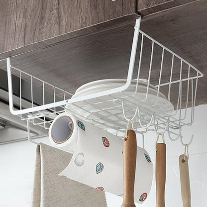 Metal Hanging Basket Under-Cabinet Wire Basket Small Item Organiser for Home Use Under Desk Shelf for Kitchen Pantry Bookshelf with Dual Mounted Hooks