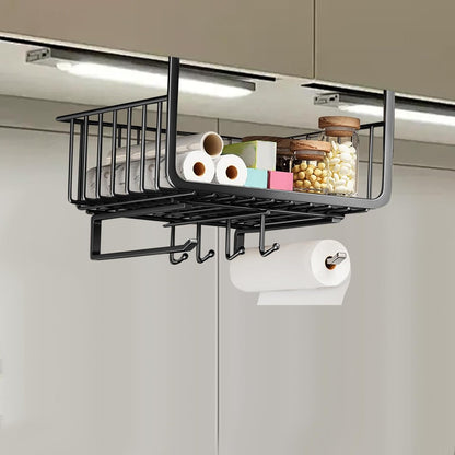 Extra-large Metal Hanging Basket Under-Cabinet Wire Basket Small Item Organiser for Home Use Under Desk Shelf for Kitchen Pantry Bookshelf with Dual Mounted Hooks