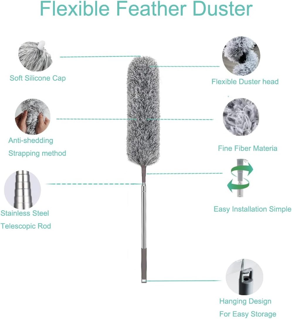 Extendable Feather Duster, Bendable Microfiber Duster with Extra Long Telescopic Extension Pole and Soft Silicone Cap, Washable Duster for Cleaning Roof, High Ceiling Fan, Blinds