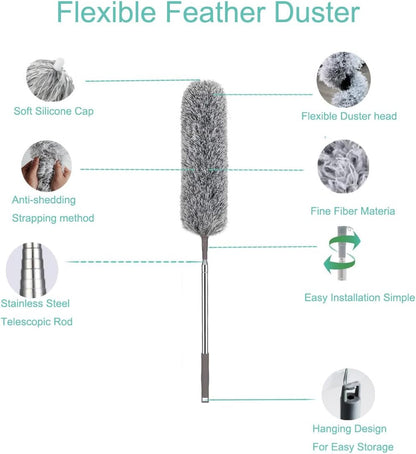 Extendable Feather Duster, Bendable Microfiber Duster with Extra Long Telescopic Extension Pole and Soft Silicone Cap, Washable Duster for Cleaning Roof, High Ceiling Fan, Blinds