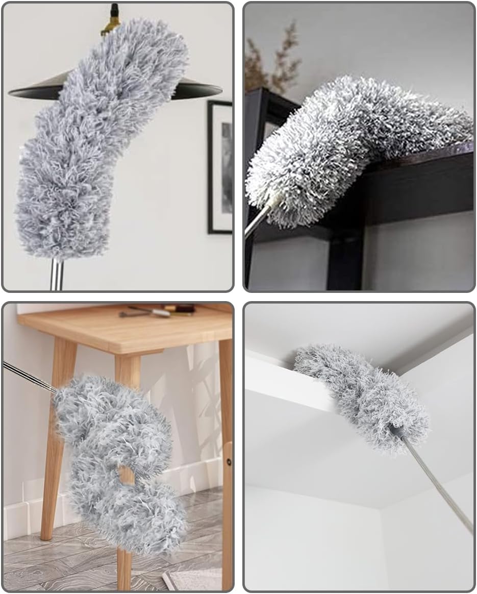 Extendable Feather Duster, Bendable Microfiber Duster with Extra Long Telescopic Extension Pole and Soft Silicone Cap, Washable Duster for Cleaning Roof, High Ceiling Fan, Blinds