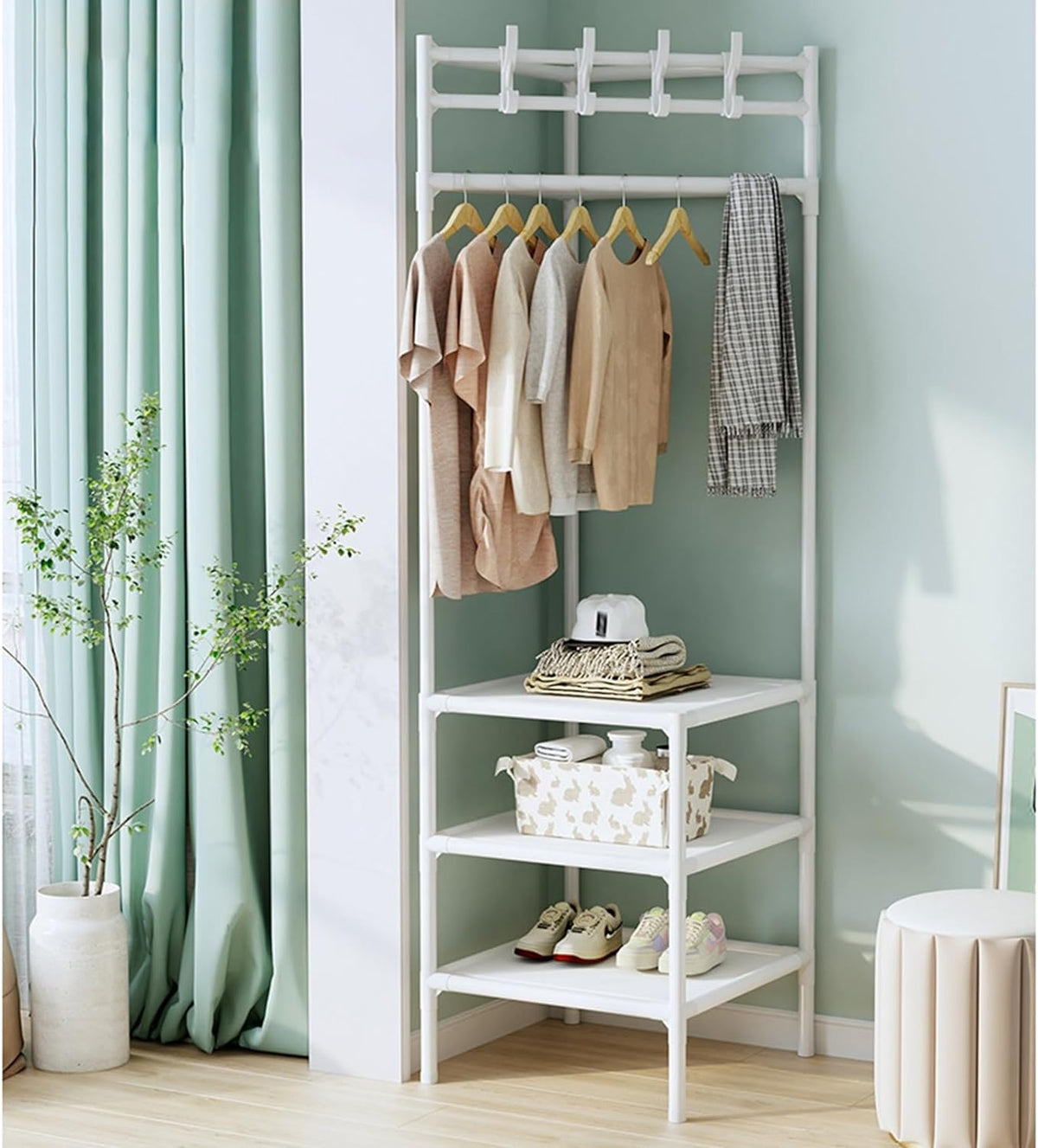 Corner Coat Rack Freestanding Metal Clothing Rack With 2/3-Tier Shelves And 4 Hooks Corner Clothes Rack For Home,Bedroom,Living Room