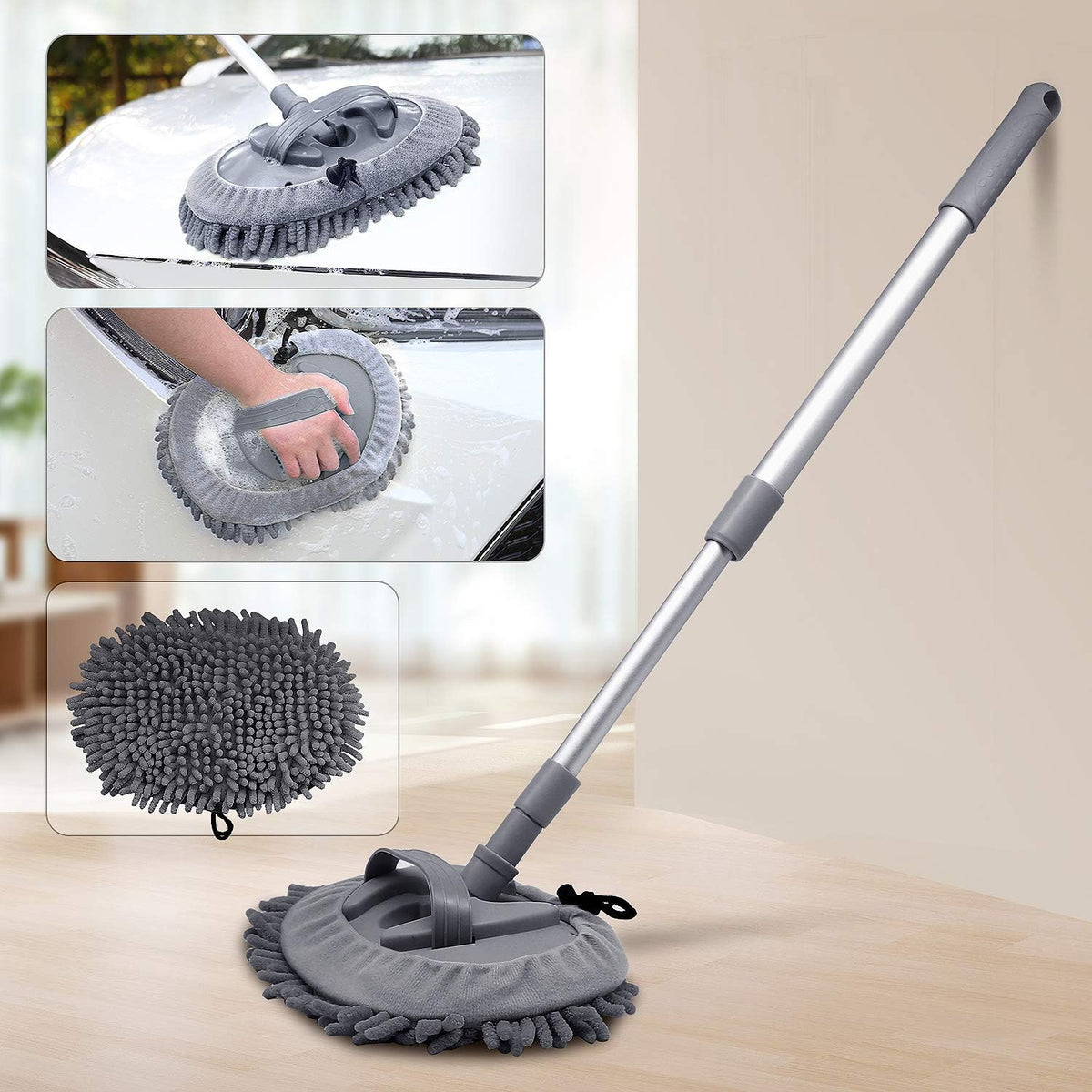 Microfibre Car Dust Mop with Extendable Use Lint-Free Scratch-Free Cleaning Brush Cleaning Tool Grey