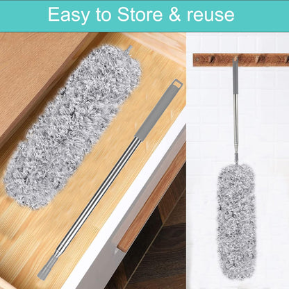 Extendable Feather Duster, Bendable Microfiber Duster with Extra Long Telescopic Extension Pole and Soft Silicone Cap, Washable Duster for Cleaning Roof, High Ceiling Fan, Blinds