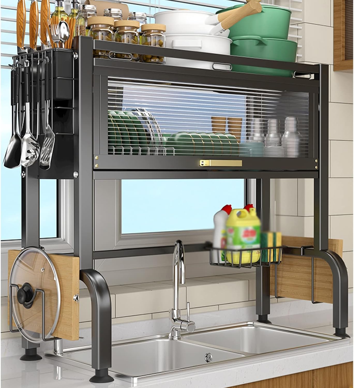 Over Sink Dish Drying Rack, Kitchen Organization And Storage Shelf Large Capacity For Drying Bowls Plates Cups (Color : Black,