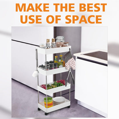 Bath Rack ,Kitchen Trolley on Wheels 4-Tier, Narrow Utility Kitchen Cart Vegetable Rack Bathroom Trolley, Space-Saving Storage Trolley on Wheels for Office, Kitchen, Bathroom, 40 x 22 x 86 cm, White