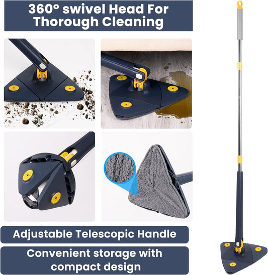 360° Rotating Triangular Cleaning Mop for Walls Triangle Mop with Extra Microfibre Absorbent Head Automatic Water Squeezing and Extendable Handle Wet Dry Floor Ceiling Window Cleaning