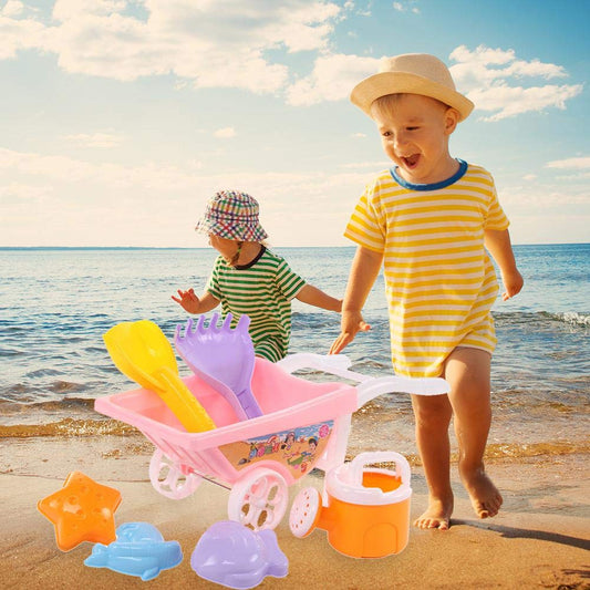 Beach Toy Set Wheelbarrow ,Wheelbarrow  Beach Toy, Beach Sand Toy with Reusable Mesh Bag, Sand Water Wheel,  Molds, , Beach Shovels Rakes Tool Kit, Beach Toys for Water Play