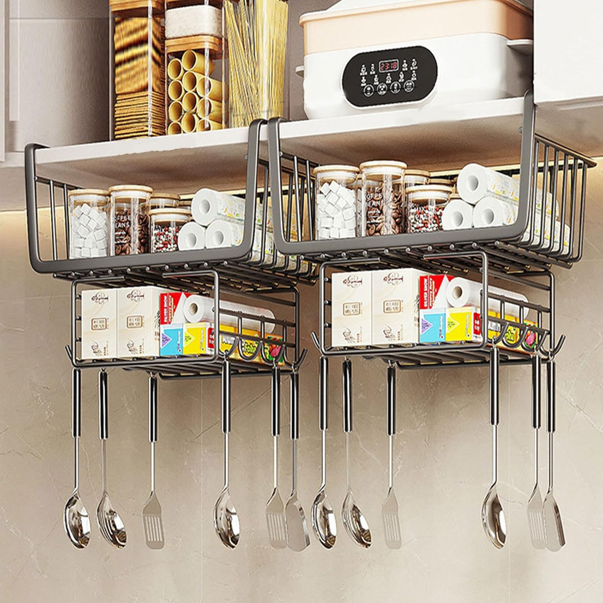 Hanging Shelf Storage Kitchen Basket ,Organizer Basket,Under Cabinet Slide-in Wire Rack With 8-Hooks For Towels,Knives,Key,Cups,Tissue for Laundry,Room