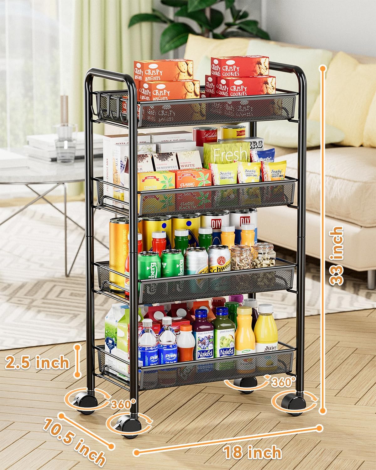 5 tier Tier Storage Trolley - Metal Kitchen Trolley on Wheels Rolling Art Trolley Utility Cart for Kitchen Laundry Bathroom Easy Assemble Black