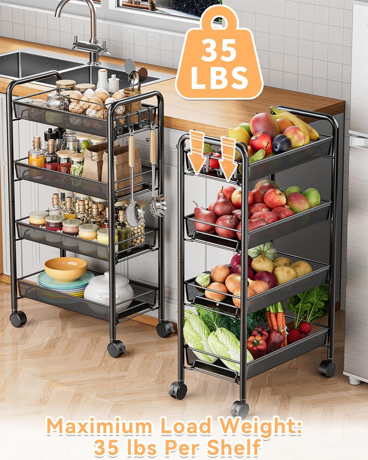 5 tier Tier Storage Trolley - Metal Kitchen Trolley on Wheels Rolling Art Trolley Utility Cart for Kitchen Laundry Bathroom Easy Assemble Black