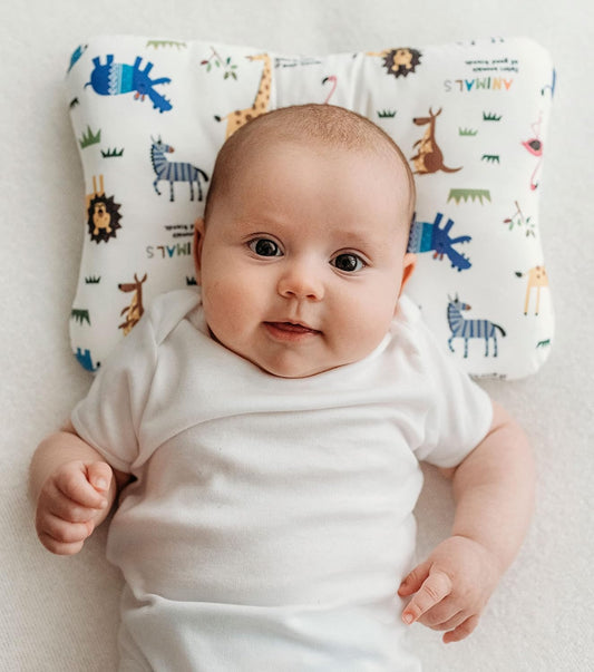 Flat Head kids Pillow | Prevents & Corrects Plagiocephaly | Breathable 3D Air Mesh | Soft Organic Cotton | Completely Washable | Newborn Head Shaping | Safari Animals (1 Pack)