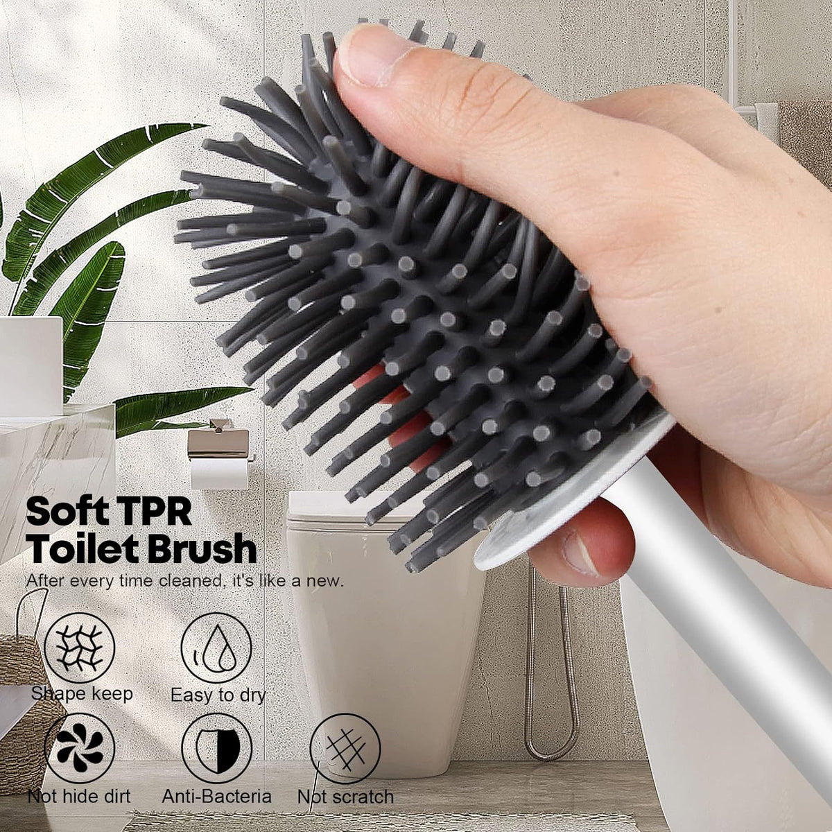 Toilet Brushes and Holder Set ,Wall Mounted Toilet Brush Grey, Silicone Toilet Bristle Brush with Holder for Bathroom Cleaning ,