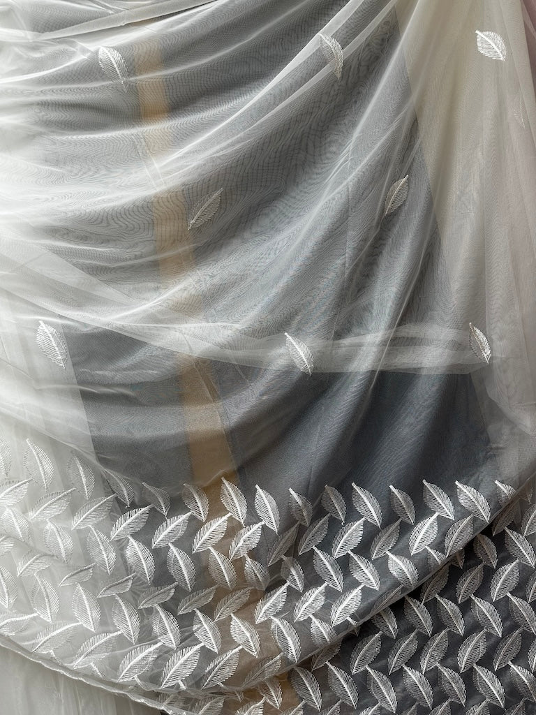 Leaf Design and Plain Voile Net Curtain - Sold By The Metre - (Drop: 118" (300cm)