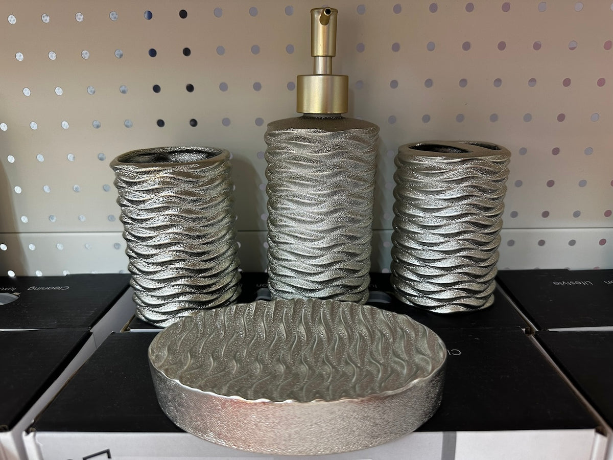 4-Piece Silver cream Waves Effect Ceramic Bathroom Accessory, Includes Liquid Soap or Lotion Dispenser, Toothbrush Holder, Tumbler, Soap Dish