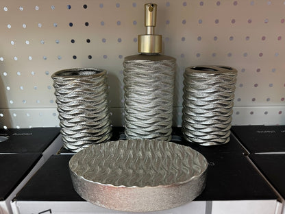 4-Piece Silver cream Waves Effect Ceramic Bathroom Accessory, Includes Liquid Soap or Lotion Dispenser, Toothbrush Holder, Tumbler, Soap Dish