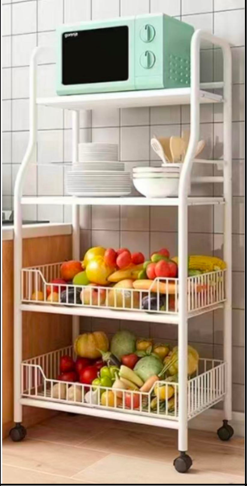 Vegetable Storage Rack,kitchen Trolley,Vegetable Trolley on Wheels,5-4 Tier Kitchen Vegetable Storage Trolley Black Metal