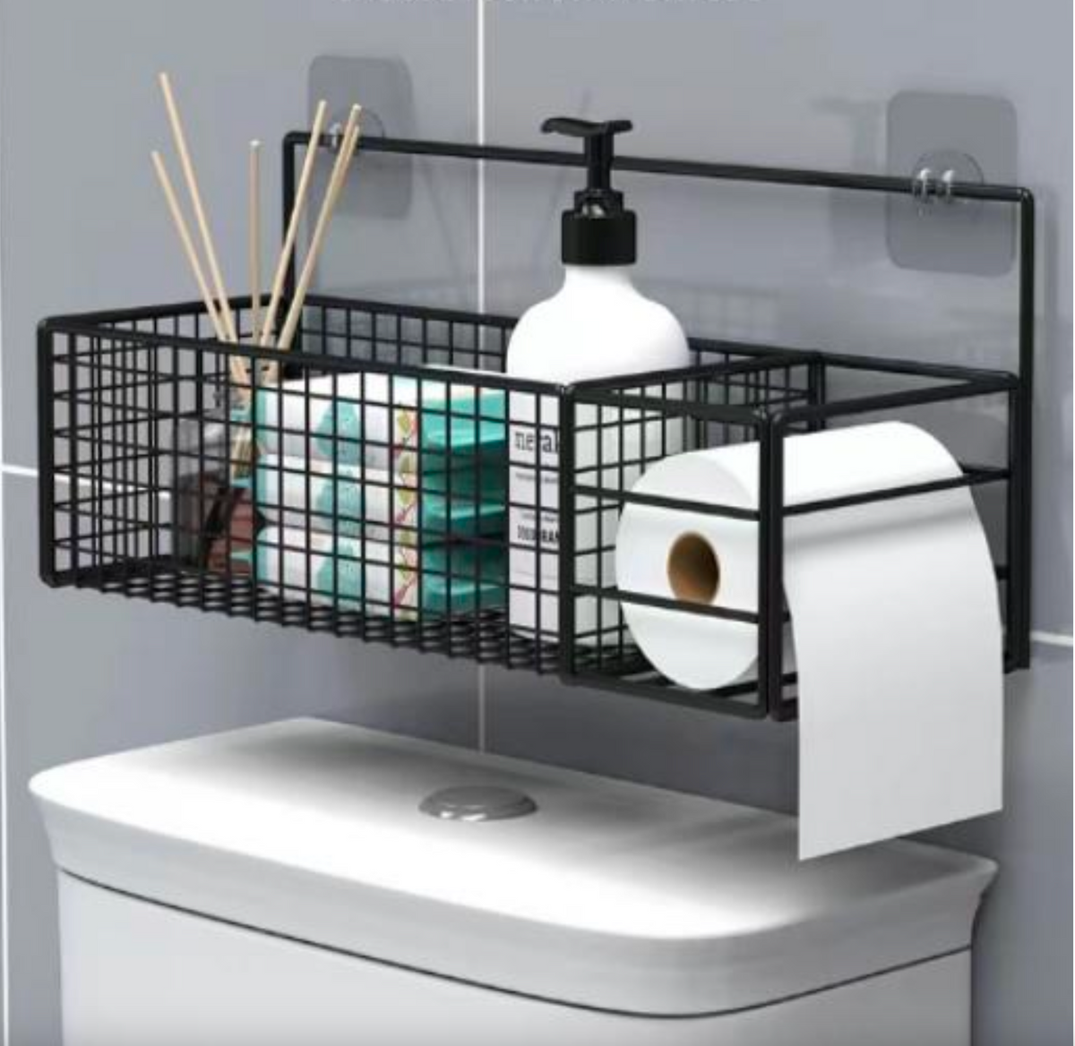Metal Mesh Over The Toilet Storage Rack, Bathroom Toilet Tank Shelf with 2 Sticky Hooks