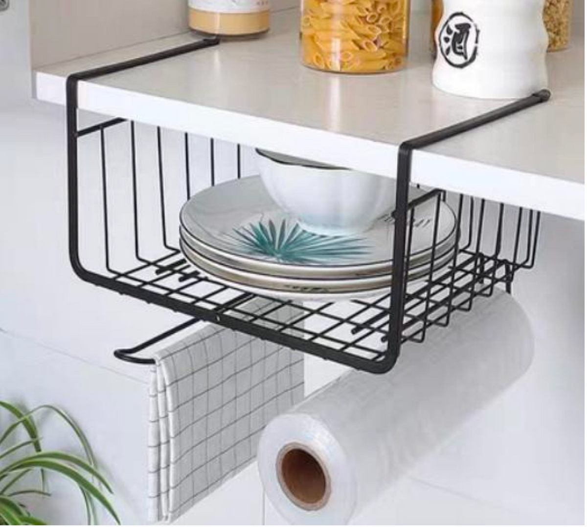 Metal Hanging Basket Under-Cabinet Wire Basket Small Item Organiser for Home Use Under Desk Shelf for Kitchen Pantry Bookshelf with Dual Mounted Hooks