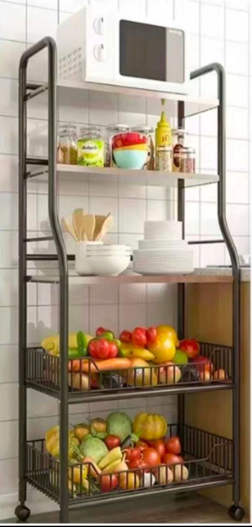 Vegetable Storage Rack,kitchen Trolley,Vegetable Trolley on Wheels,5-4 Tier Kitchen Vegetable Storage Trolley Black Metal