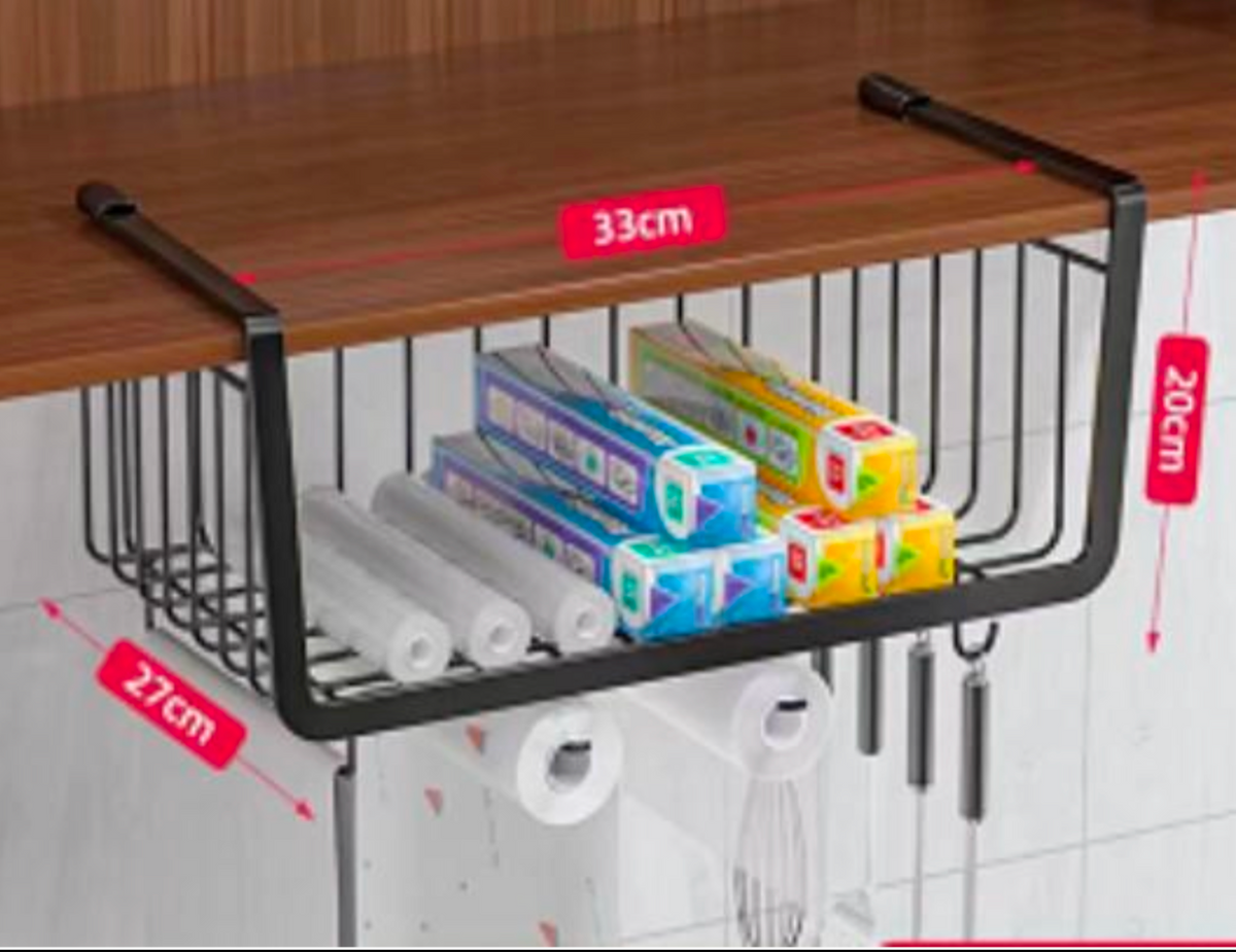 Extra-large Metal Hanging Basket Under-Cabinet Wire Basket Small Item Organiser for Home Use Under Desk Shelf for Kitchen Pantry Bookshelf with Dual Mounted Hooks